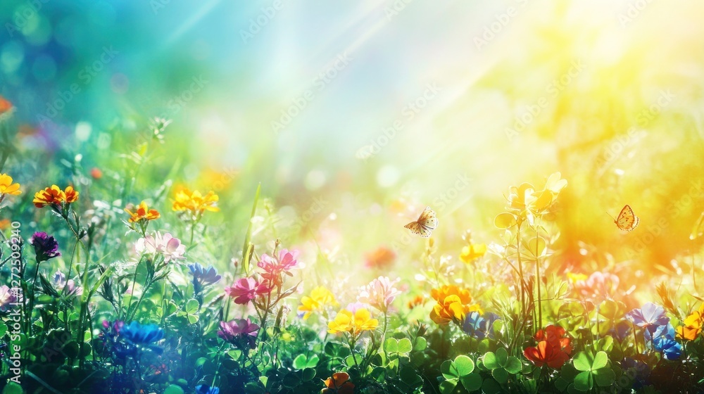 Vibrant wildflowers bathed in sunlight, butterflies fluttering amidst lush greenery. Vibrant wildflowers bathed in sunlight, butterflies fluttering amidst lush greenery.