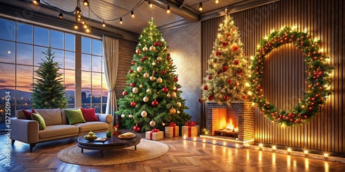 Wallpaper Mural Modern Christmas Interior: Illuminated Tree, Garland & Festive Branches Wall Decor Torontodigital.ca
