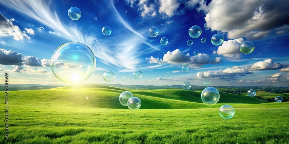 Dreamlike Landscape of Rolling Hills and Soaring Bubbles Under a Vivid Sky Dreamlike Landscape of Rolling Hills and Soaring Bubbles Under a Vivid Sky