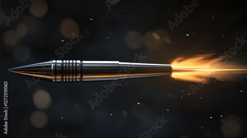 Sleek bullet in flight, fiery trail behind. Perfect for action, speed, power concepts, illustrates projectile motion.