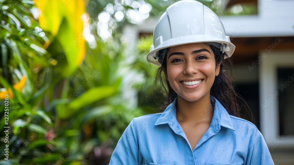 Portrait of a happy Latin American female engineer wearing a white helmet and blue shirt, smiling in the front view, with a tropical house background, generative AI Portrait of a happy Latin American female engineer wearing a white helmet and blue shirt, smiling in the front view, with a tropical house background, generative AI