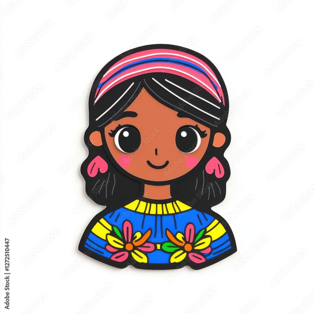 Colorful illustration of a smiling girl with long hair wearing traditional dress and flower patterns on shirt Colorful illustration of a smiling girl with long hair wearing traditional dress and flower patterns on shirt