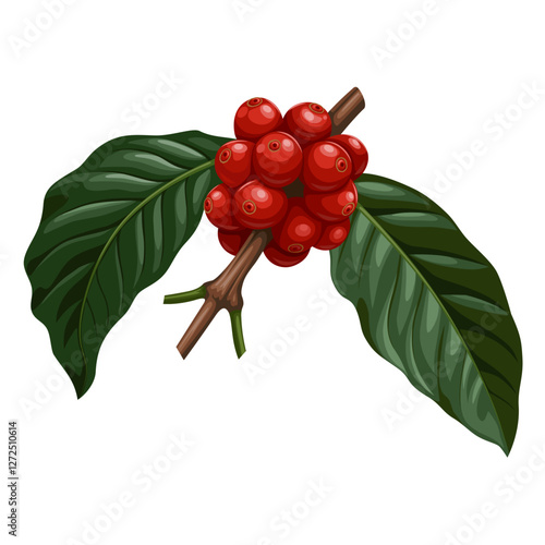 Illustration of red coffee berries, with green leaves, isolated on white background.