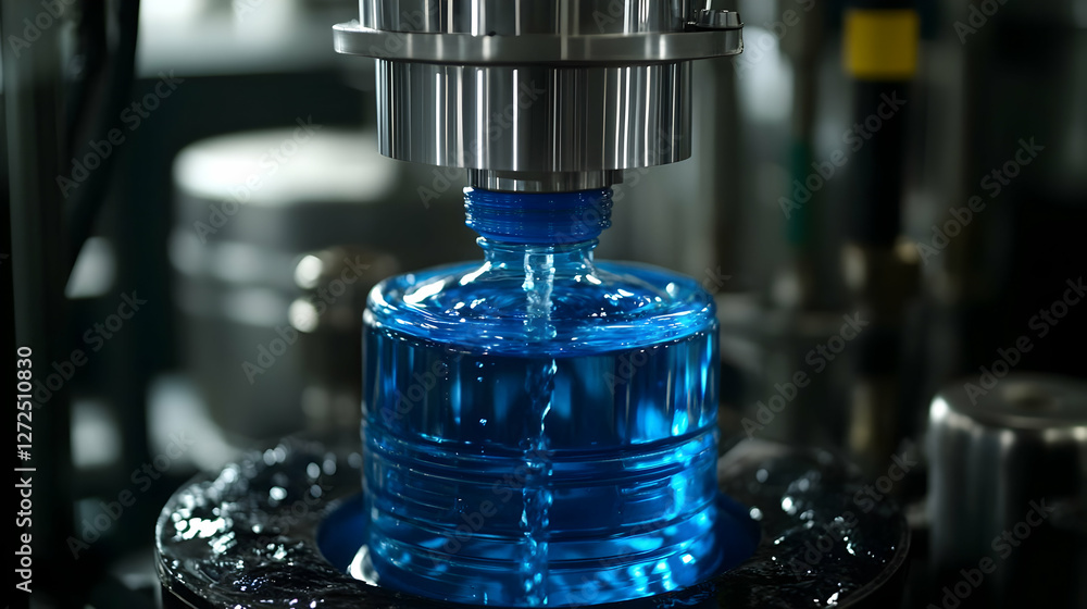 Blue liquid bottle filling, factory line Blue liquid bottle filling, factory line