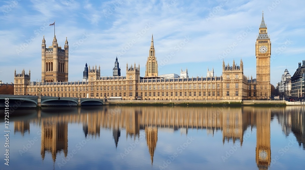 Obraz premium Iconic view of the Palace of Westminster and Big Ben reflecting on the River Thames under blue skies : Generative AI