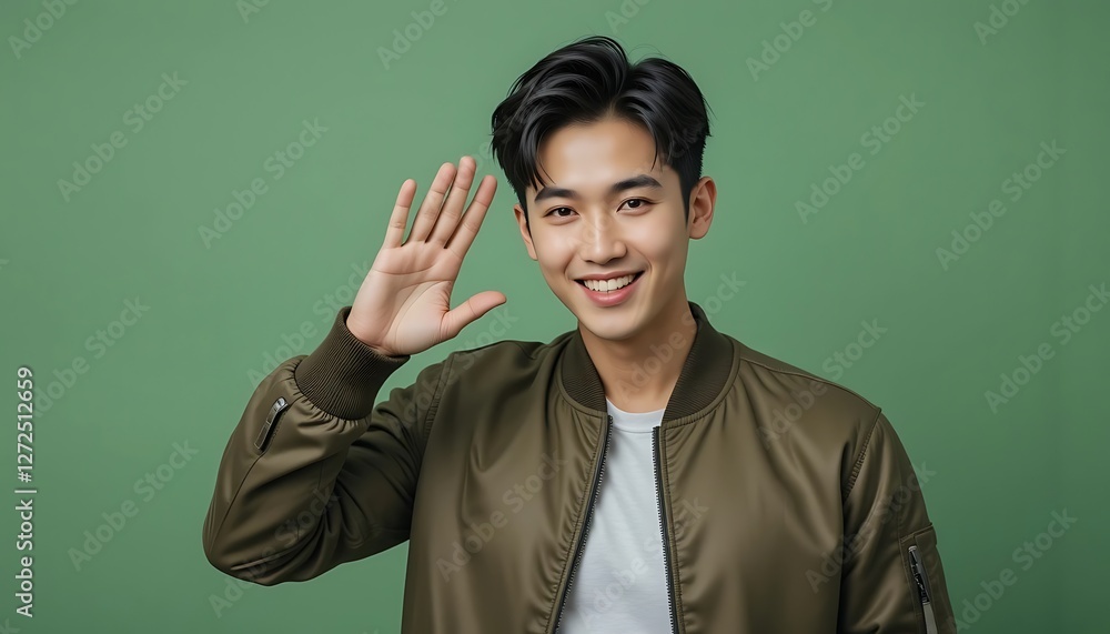 a man in a brown jacket waving at the camera with his hand up in the air. a man in a brown jacket waving at the camera with his hand up in the air.