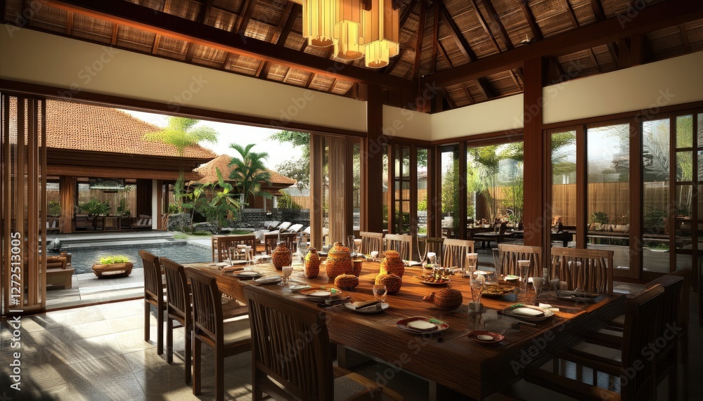 Fototapeta premium Lush Tropical Villa Dining Room with Pool View