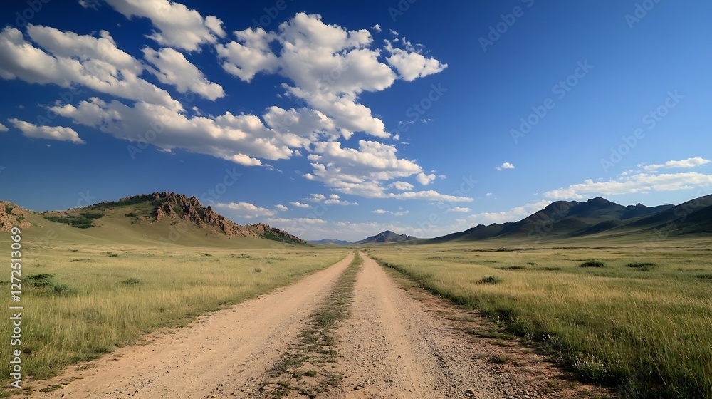 Scenic open road through a grassy plain under a blue sky with fluffy clouds : Generative AI Scenic open road through a grassy plain under a blue sky with fluffy clouds : Generative AI