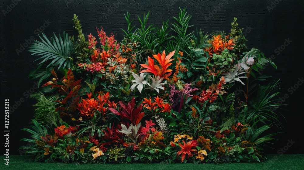 Tropical plant display against dark backdrop. Possible use Background, interior design Tropical plant display against dark backdrop. Possible use Background, interior design