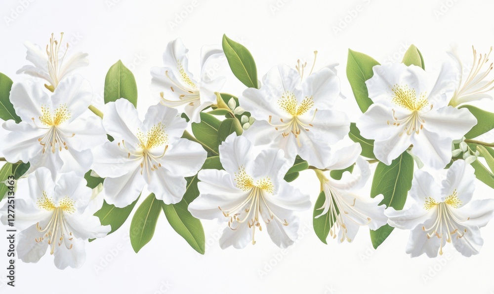 Obraz premium A vibrant arrangement of white flowers with green leaves, set against a soft background