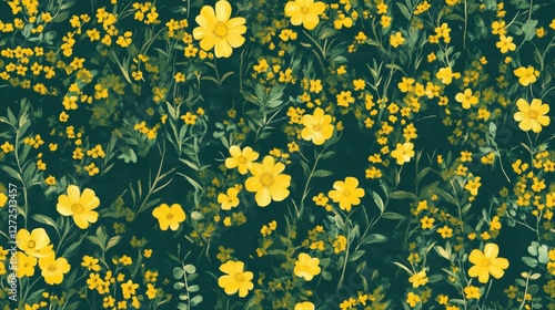 Yellow Flowers Seamless Pattern Dark Background Floral Spring Summer Design Wallpaper Decor