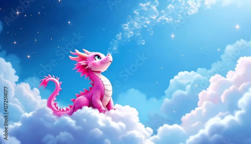A cute pink dragon sits on clouds blowing bubbles under a starry sky.  A dreamy, whimsical scene.