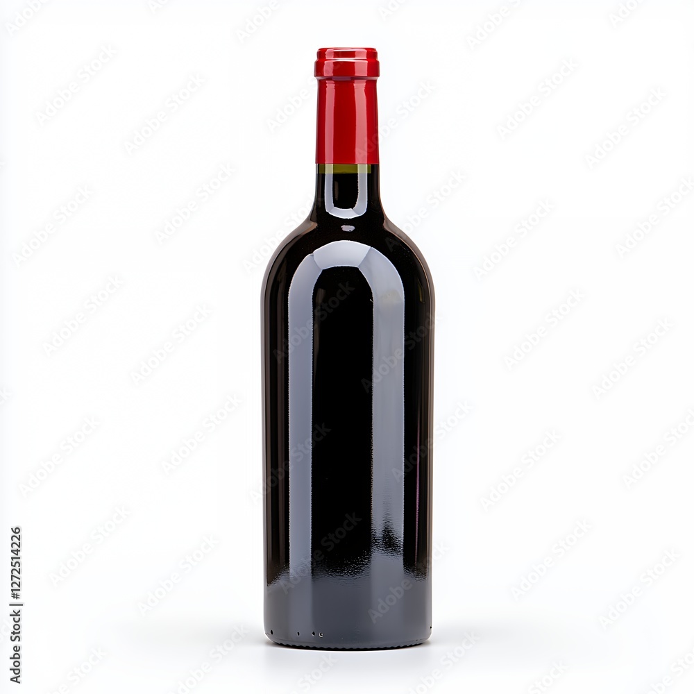 Elegant Red Wine Bottle with Bright Red Cap Isolated on White Background Elegant Red Wine Bottle with Bright Red Cap Isolated on White Background
