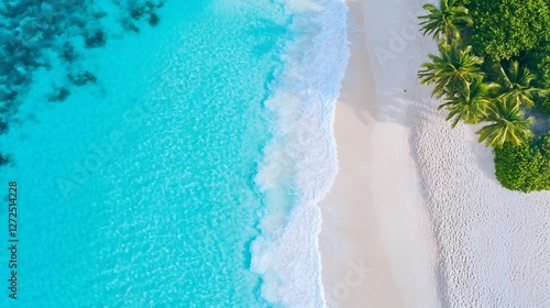 Aerial View of a Serene Tropical Beach with Crystal Clear Water and Lush Palm Trees : Generative AI