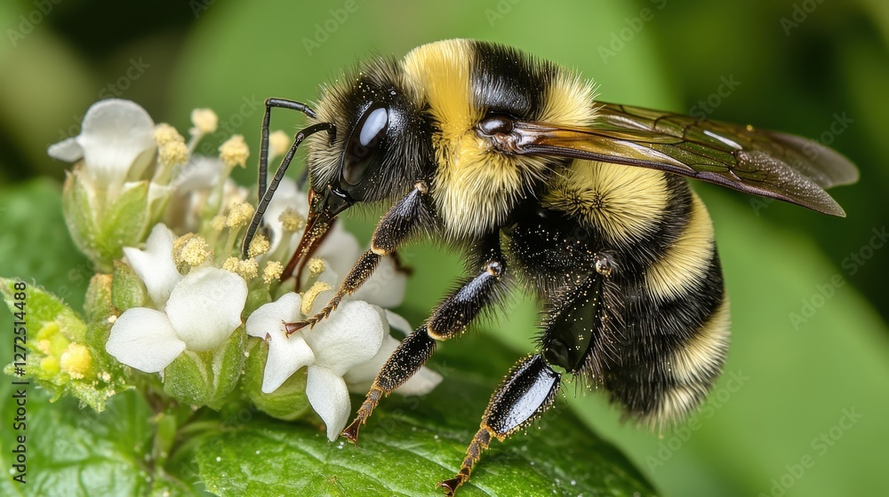 The Busy Bee: A close-up view of a vibrant bumblebee, meticulously collecting pollen from a cluster of delicate white flowers, highlighting the intricate beauty of nature's pollination process. The Busy Bee: A close-up view of a vibrant bumblebee, meticulously collecting pollen from a cluster of delicate white flowers, highlighting the intricate beauty of nature's pollination process.