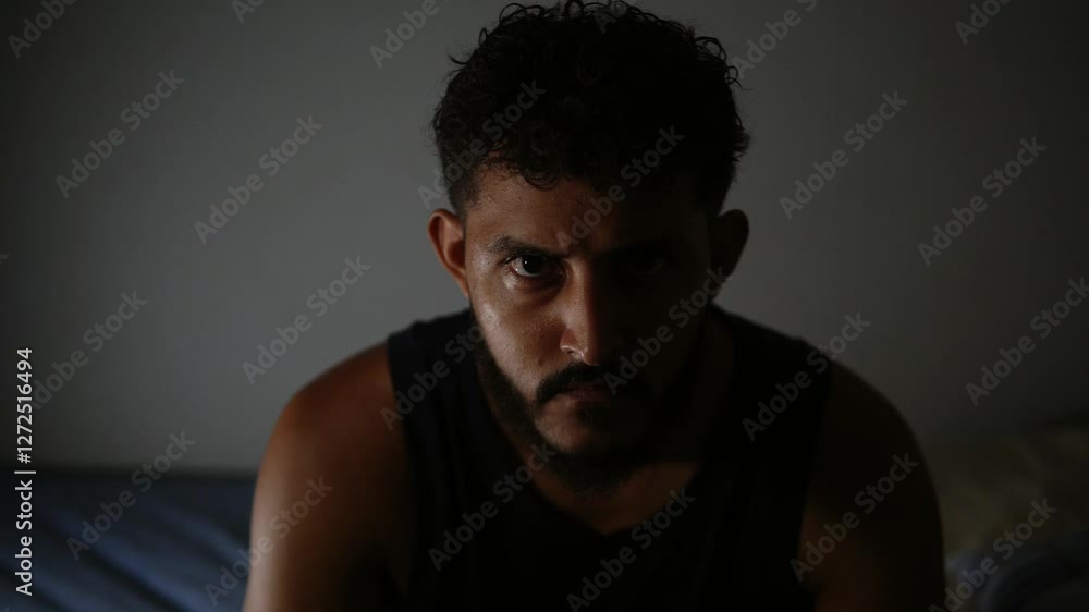 Hispanic man expressing deep thoughts in dark room Hispanic man expressing deep thoughts in dark room