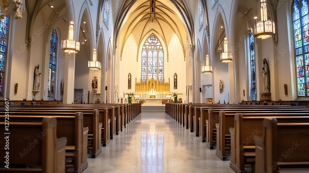 Fototapeta premium Stunning Interior of a Grand Church Featuring Stained Glass Windows and Wooden Pews : Generative AI