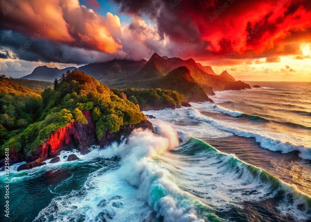 Fototapeta premium Moody Abstract Landscape: Red Passion, Rebellious Nature, Transformative Waves