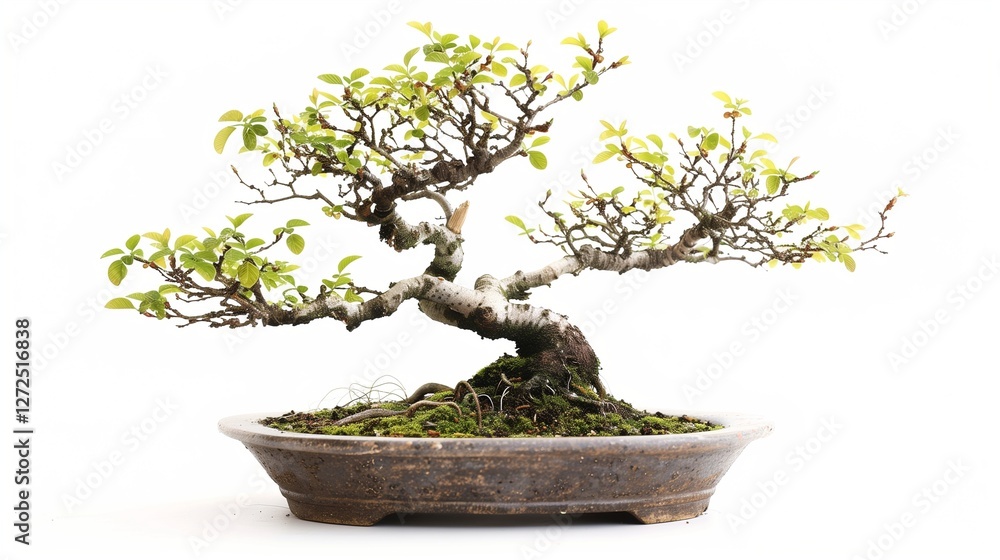 A small potted bonsai tree with meticulously pruned foliage, displayed against a clean white backdrop. A small potted bonsai tree with meticulously pruned foliage, displayed against a clean white backdrop.