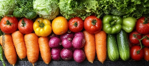 Fresh Assorted Vegetables and Fruits Display photo