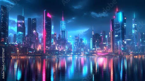 Futuristic cityscape glowing with neon lights. Hyper-Real Light Reflections. Illustration