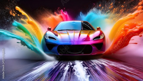 Vibrant Splash of Colors Surrounding a Sports Car