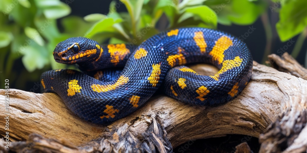 Colorful snake resting on a branch in a lush habitat with vibrant foliage visible in the background Colorful snake resting on a branch in a lush habitat with vibrant foliage visible in the background