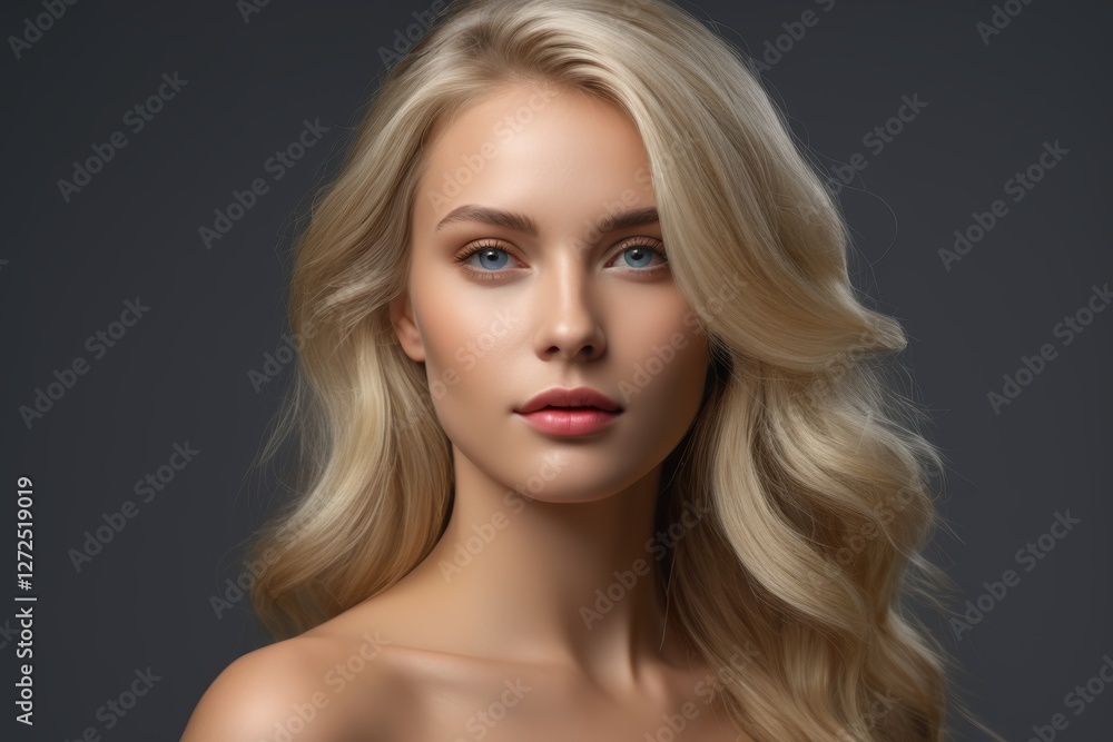blond woman with blue eyes and long wavy hair posing