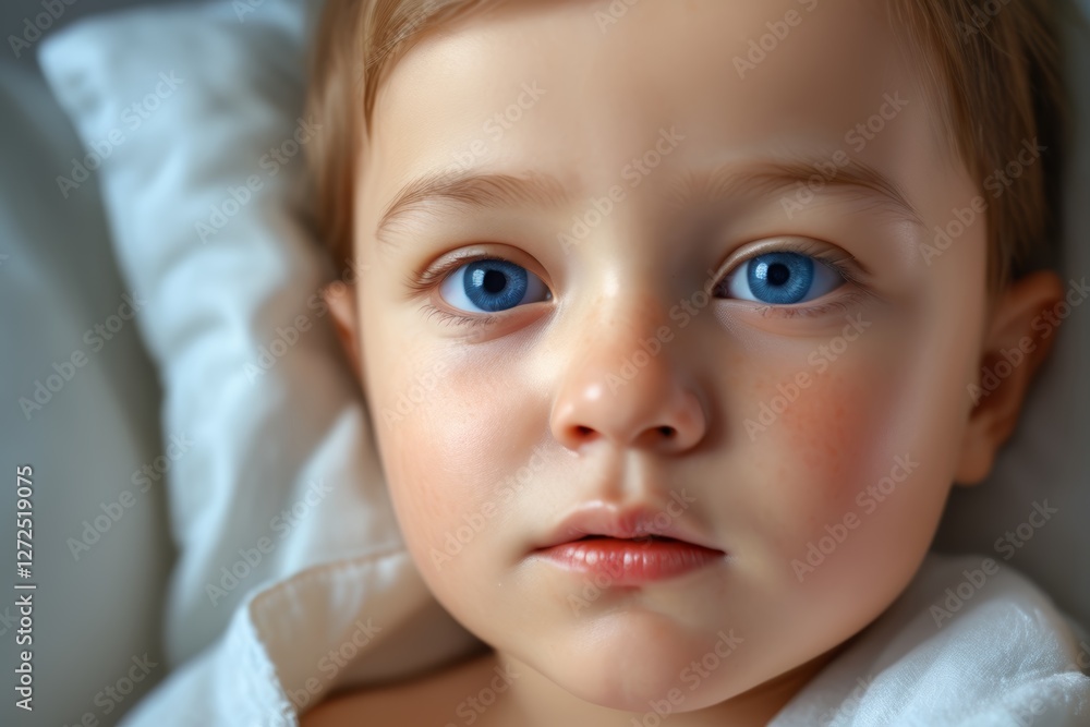 there is a baby with blue eyes laying in a bed there is a baby with blue eyes laying in a bed