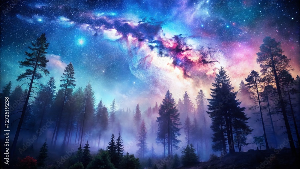 Obraz premium Mystical Forest Double Exposure: Dreamlike Woodscape and Celestial Elements