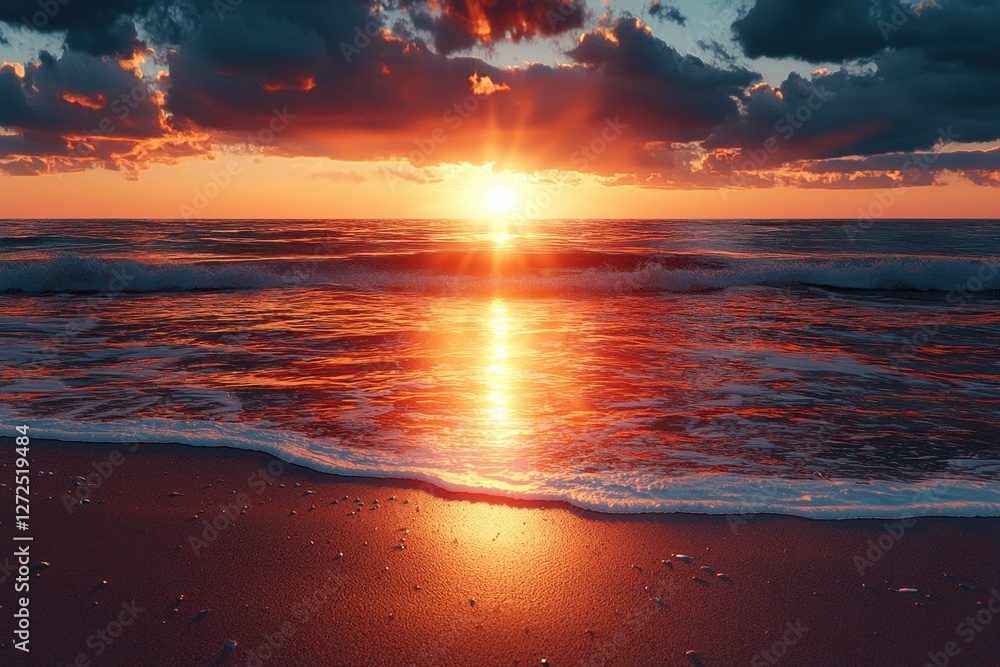 Fototapeta premium Sunset over beach with gentle waves and colorful sky reflecting on water surface during twilight hours