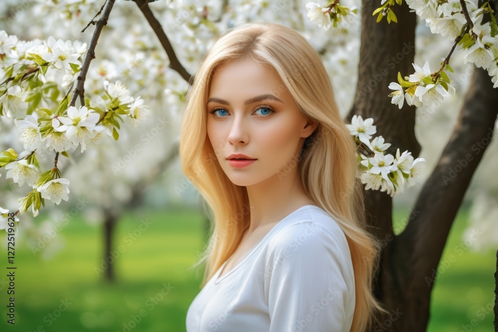blond woman with blue eyes standing in front of a tree blond woman with blue eyes standing in front of a tree