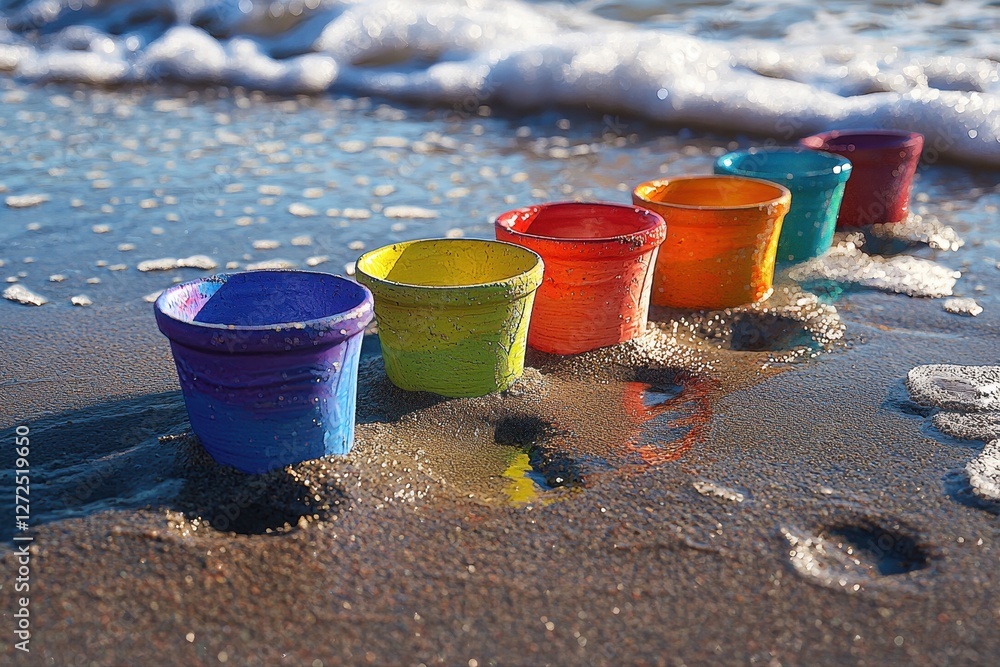 Group of colorful buckets on sandy beach with vibrant playful scene Group of colorful buckets on sandy beach with vibrant playful scene