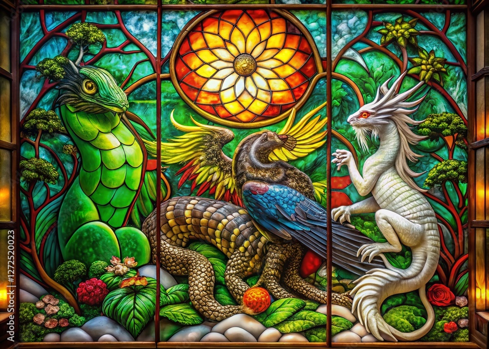 Fototapeta premium Mystical Stained Glass: Green Dragon, Vermilion Bird, White Tiger, Black Tortoise - Long Exposure Photography