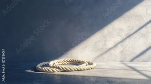 A stylish fitness space centered around a sturdy battle rope coiled neatly on the floor