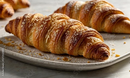 Close-up of a golden-brown almond croissant on a white plate with flaky layers and scattered almond pieces.
