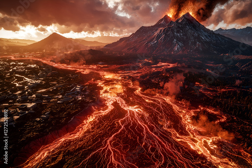 A surreal early Earth environment with towering volcanic mountains, glowing magma pools, and an eerie reddish-orange sky. The landscape is filled with toxic gas clouds photo