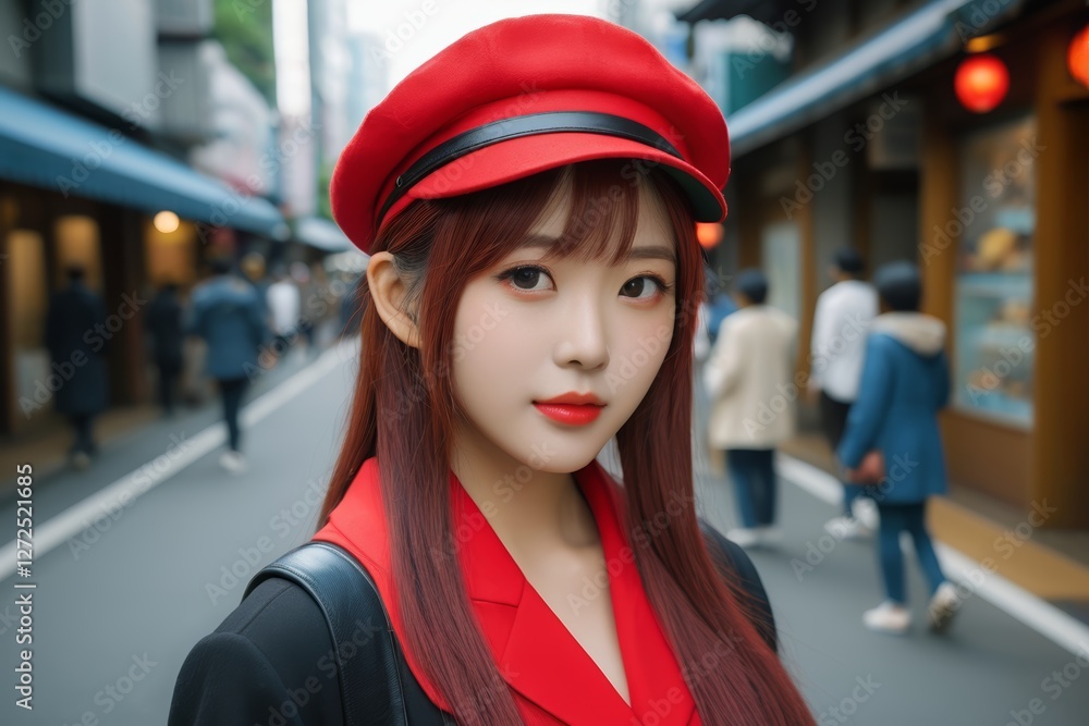 woman with red hat and black jacket on a city street woman with red hat and black jacket on a city street