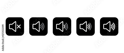Sound volume level outline icon on black square. Audio speaker sign symbol