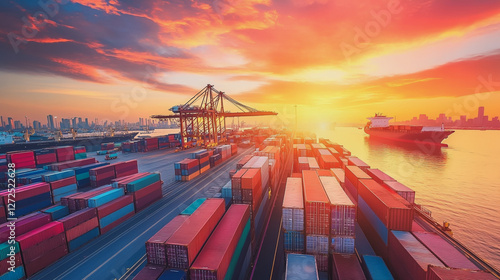 Wallpaper Mural Container truck in ship port for business Logistics and transportation of Container Cargo ship and Cargo plane with working crane bridge in shipyard at sunrise, logistic import export and transport Torontodigital.ca