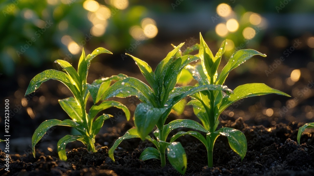 Dew Kissed Seedlings Basking In Golden Sunlight Dew Kissed Seedlings Basking In Golden Sunlight