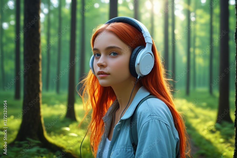 arafed woman with headphones in a forest looking at the camera arafed woman with headphones in a forest looking at the camera
