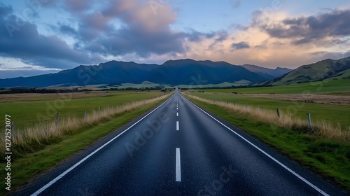 Stunning Long Road Through Beautiful Green Landscape Towards Mountains at Sunset : Generative AI