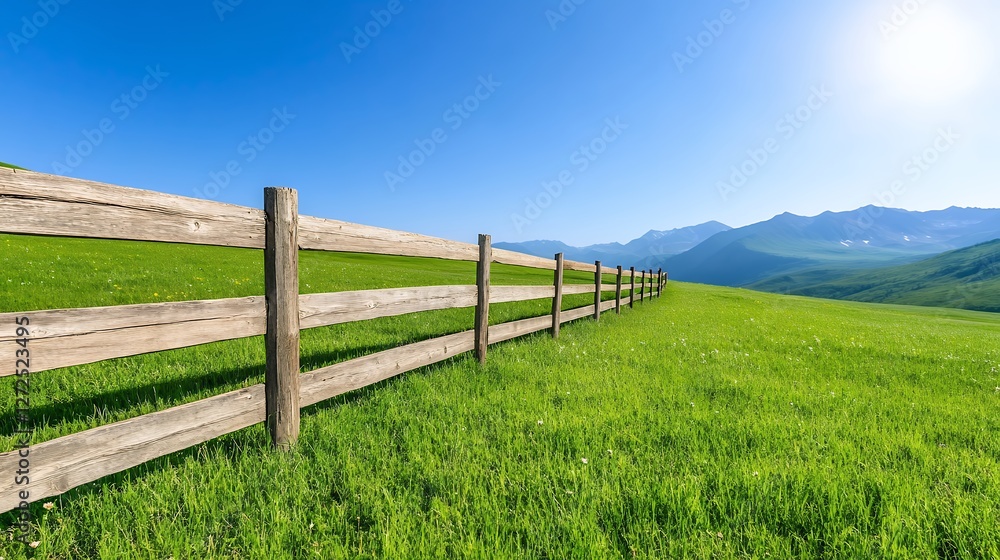 Expansive Green Grass Field with a Wooden Fence Under a Clear Blue Sky Expansive Green Grass Field with a Wooden Fence Under a Clear Blue Sky