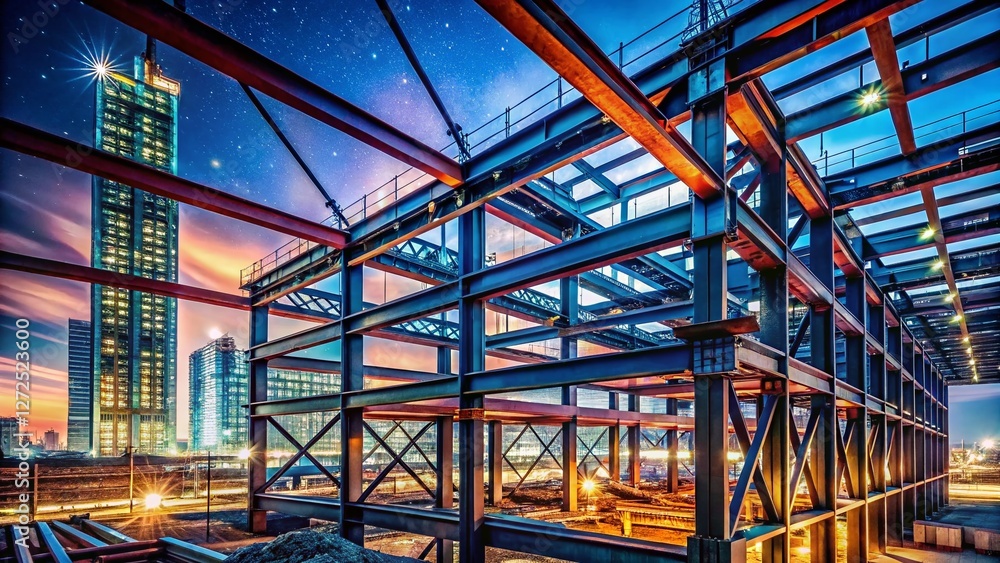 Night Construction Site Steel Beams, Industrial Building, Urban Skyline, Cityscape at Night, Dark Steel Structure Night Construction Site Steel Beams, Industrial Building, Urban Skyline, Cityscape at Night, Dark Steel Structure
