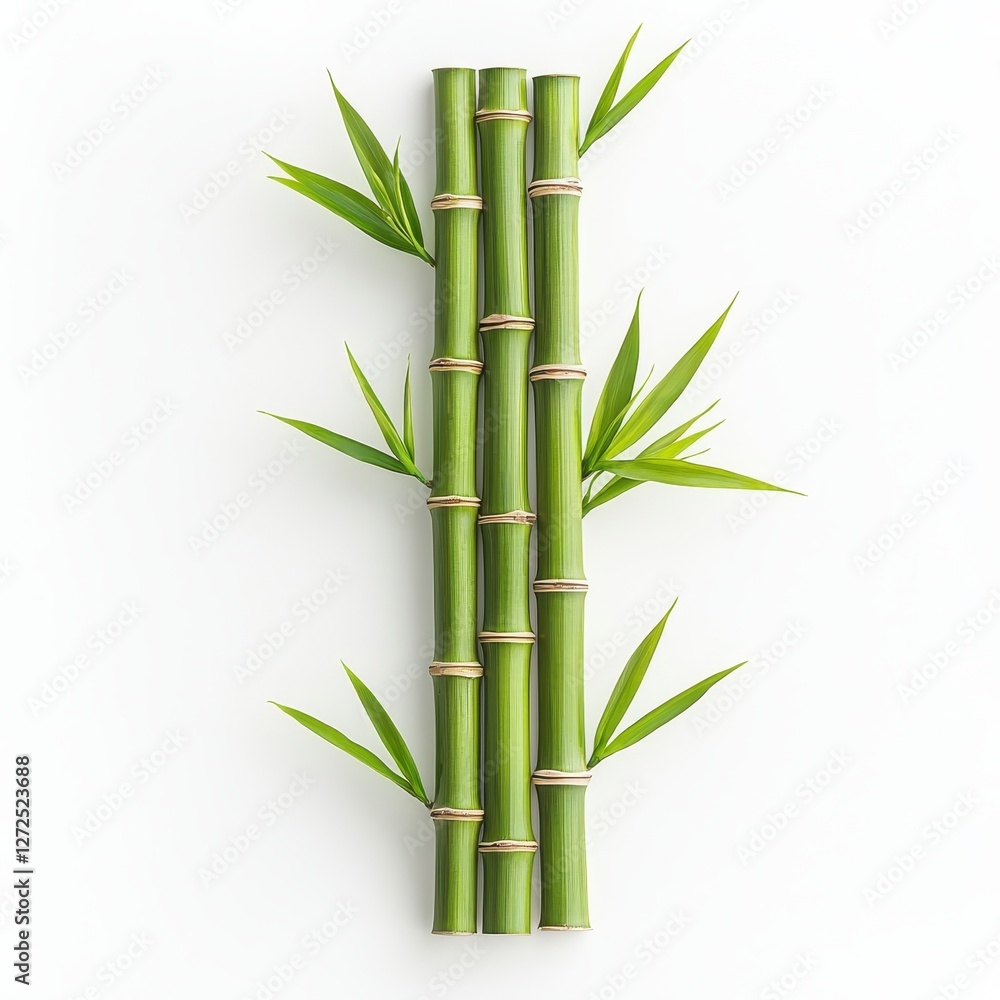 Obraz premium A minimalistic arrangement of bamboo stalks and leaves, showcasing vibrant green colors against a clean white background.