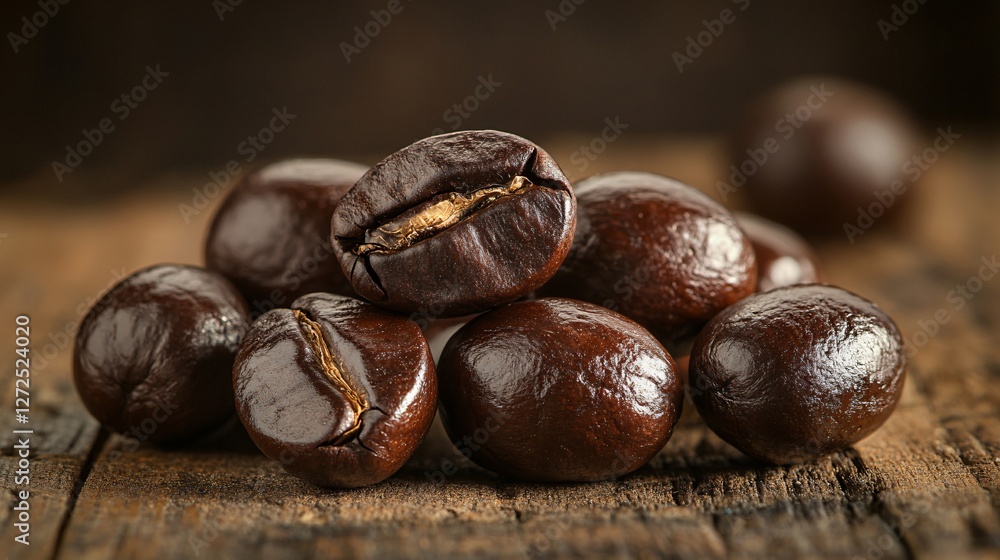 Obraz premium Roasted coffee beans on rustic wooden surface
