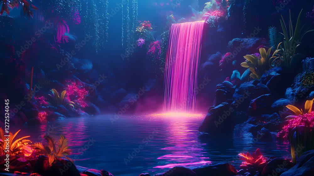Obraz premium A hyper-real waterfall cascading into a pool of neon water, surrounded by glowing rocks and plants. Hyper-Real Light Reflections. Illustration