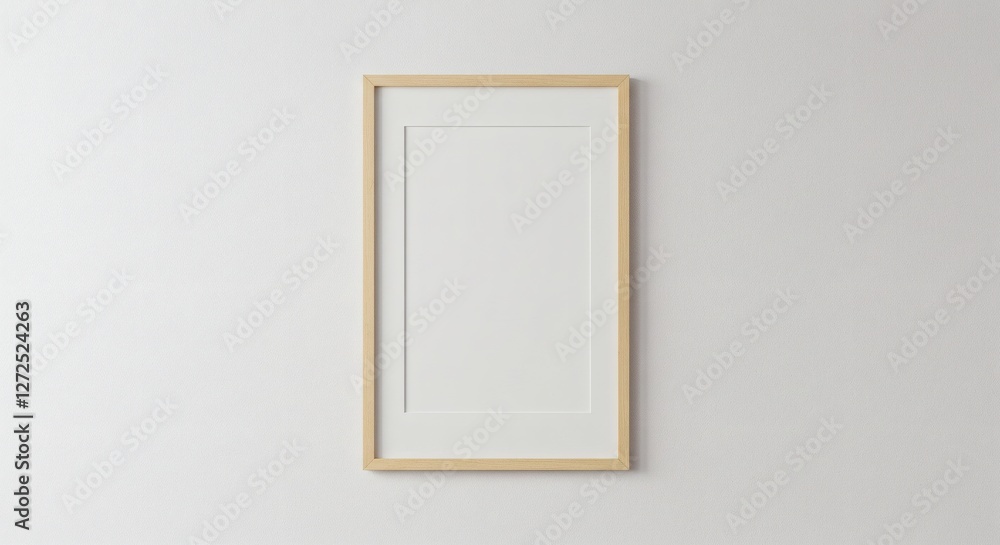 AI Image a minimalist, light wood picture frame with a white matte hangs on a clean white wall, perfect as a mockup for artwork or photos. AI Image a minimalist, light wood picture frame with a white matte hangs on a clean white wall, perfect as a mockup for artwork or photos.