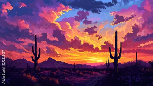 Desert Sunset with Silhouette of Cacti